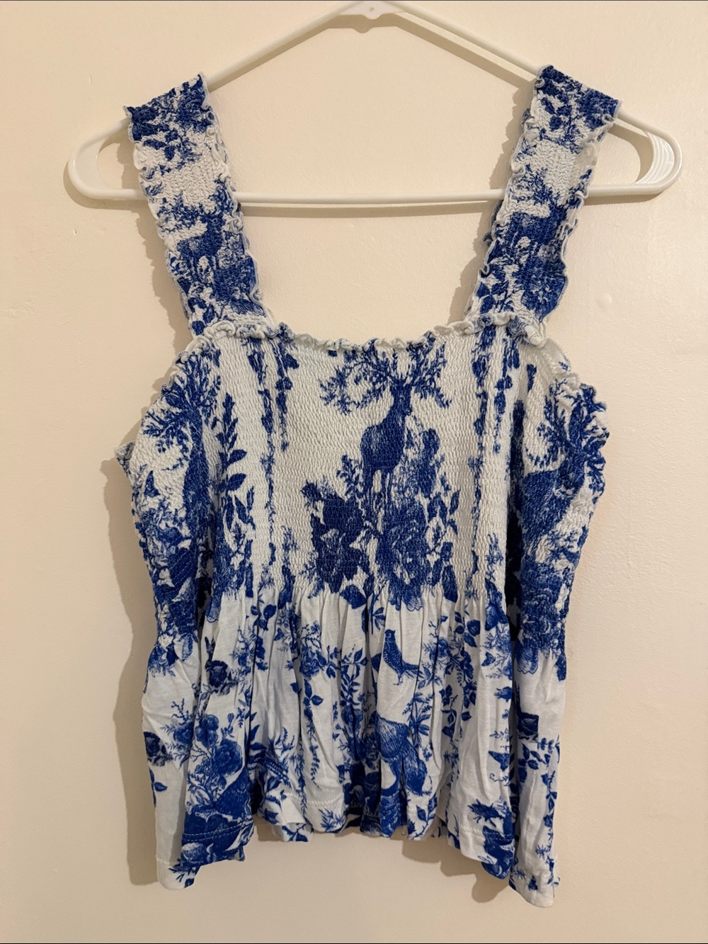 Anthropologie Blue and White Floral Smocked Tank Top